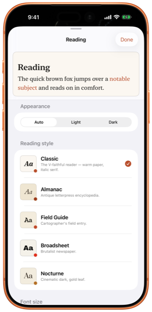 Five reading styles with a live preview.